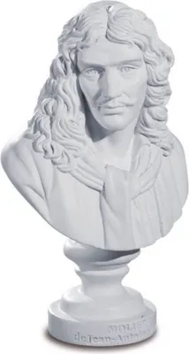 A white bust of Moliere on a white pedestal.