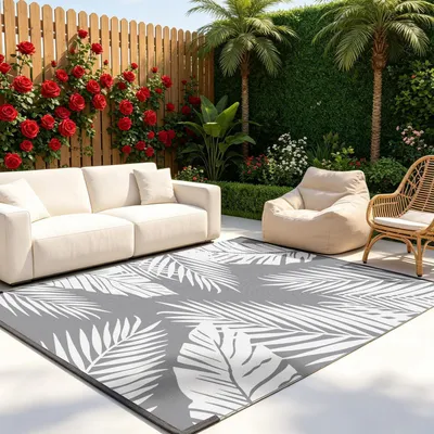 Immagine prodotto di Tappeto da esterno, 150x240 cm, reversibile, motivo a foglie, grigio e bianco, materiale plastico