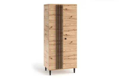 Produktbild von Kleiderschrank LUNA Eiche Artisan, Moderner Garderobenschrank mit Tür und Kleiderstange, Schlafzimmerschrank mit schwarzer Lamellenfront, Hochschrank