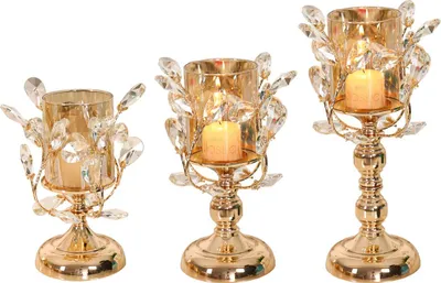 Produktbild von 3er-Set Kristall-Kerzenständer, goldene Säulenkerzenhalter, Spitzkerzenhalter, elegante Tischdekoration, Kerzenständer für Hochzeiten, Weihnachten, Esstisch, golden