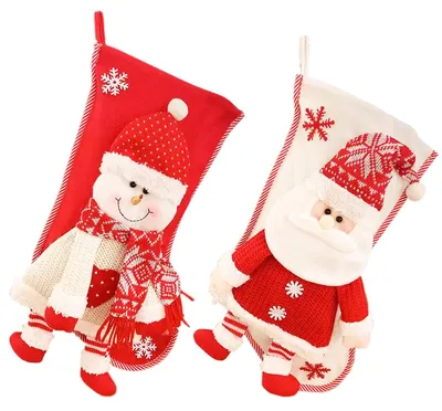 2 große Weihnachtsstrümpfe 45x28 cm mit Weihnachtsmann & Schneemann
