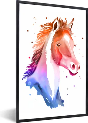 Produktbild von MuchoWow® MuchoWow® Gerahmtes Poster Pferd - Rot - Rosa - Mädchen - Kinder - Mädchen 40x60 cm - Poster mit zchwarzem Bilderrahmen - Papierdruck - Wandbilder