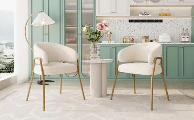 Image de Chaise de salle à manger blanche, design moderne, en velours de laine avec finition dorée (lot de 2), chaise de salle à manger avec pieds dorés