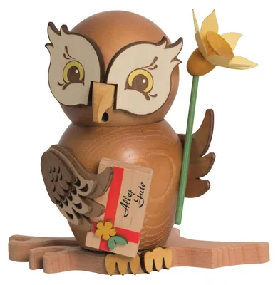 Produktbild von Drechslerei Kuhnert - Räucherfigur Eule als Gratulant - Größe ca. 15cm, für Räucherkerzen Größe M (Standard) - 37205