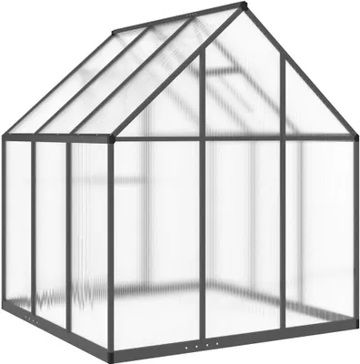 A greenhouse with a gray frame and clear panels, shown from a three-quarter angle against a white background.