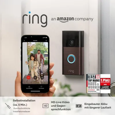 Produktbild von Ring Akku-Videotürklingel (Battery Video Doorbell) (2024) | WLAN-Videotürklingel-Sicherheitskamera, Selbstinstallation (in 5 Minuten) mit eingebautem