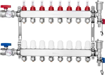 Produktbild von VEVOR 8-Zweig-Wärmeverteilungsverteiler, 1/2-Zoll-PEX-Rohrverteiler, Edelstahl-PEX-Verteiler für hydronische Fußbodenheizung, Wärmeverteilungs-PEX-Verteilersatz im Lieferumfang enthalten
