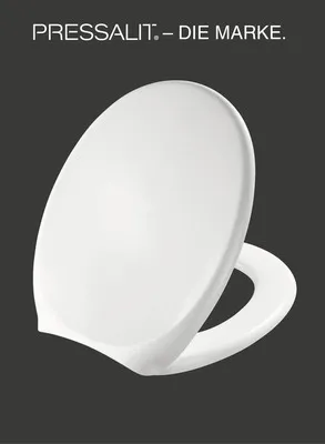 A white toilet seat is shown against a dark gray background, with text at the top.