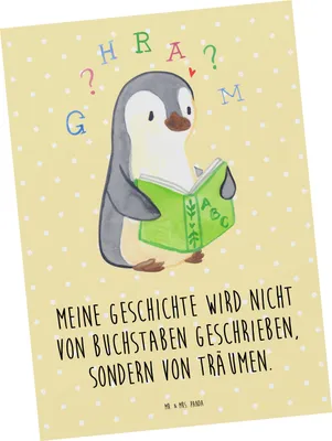 Produktbild von Mr. & Mrs. Panda Ansichtskarte Pinguin Legasthenie - Gelb Pastell - Geschenk, Kunstkarten, Postkarten, Postkarte, Ansichtskarten, Grußkarte, Rechtschreibstörung