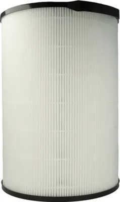 A cylindrical air filter with a pleated white filter material and black top and bottom rims.