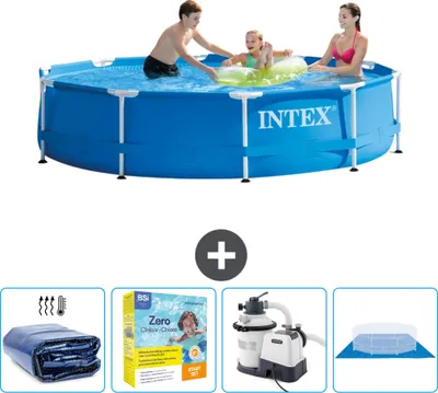Produktbild von Intex-Schwimmbecken mit rundem Rahmen – 305 x 76 cm – Blau – im Lieferumfang enthalten Sonnensegel - Wartungspaket - Filterpumpe für Schwimmbad - Bodenplane