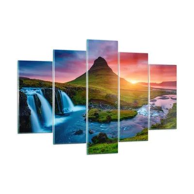 Produktbild von Bilder auf glas - Sonnenuntergang Wasserfall Island Vulkan - 150x100cm - Glasbilder - Wandbilder - Kunstdruck - Wanddekoration aus Glas - Glas Bilder - Wandbild auf Glas - GEA150x100-2963