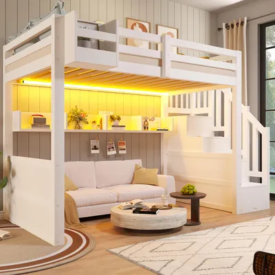 Produktbild von STILVORA Hochbett 90x200cm aus Holz mit Stauraumschränken, Kinderbett mit LED-Beleuchtung und Stauraumtreppe, Jugendbett in Weiß