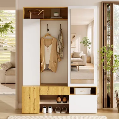 Immagine prodotto di Armadio con specchio, mobiletto per scarpe, armadio con appendiabiti e ganci, mobiletto per l'ingresso, dimensioni 127x35x180,5 cm, bianco e naturale