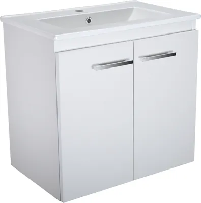 A white bathroom vanity with a sink and two cabinet doors, shown from a front-diagonal angle against a white background.