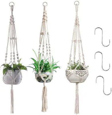 Immagine prodotto di Cestino da appendere in macramè di cotone, 3 pezzi, 105 cm, per interni ed esterni, balcone, giardino, decorazione da parete