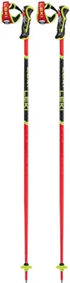 A pair of red and black ski poles with yellow accents, presented against a white background.