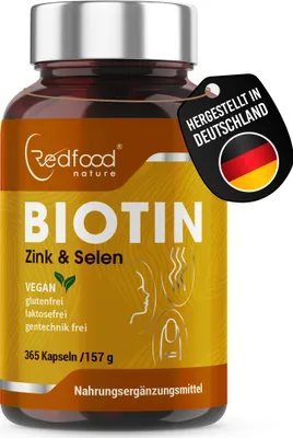 Zdjęcie produktu dla Redfood - Biotyna Gold 10 mg + Cynk + Selen dla skóry, włosów i paznokci, wysoka dawka i wegańskie, 365 kapsułek