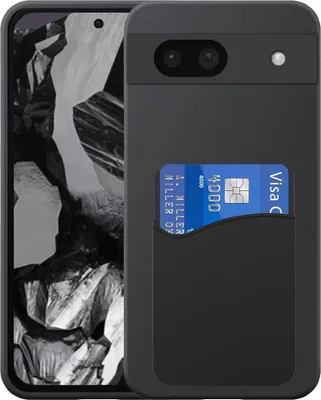 A black phone case with a card slot is shown on a black background.