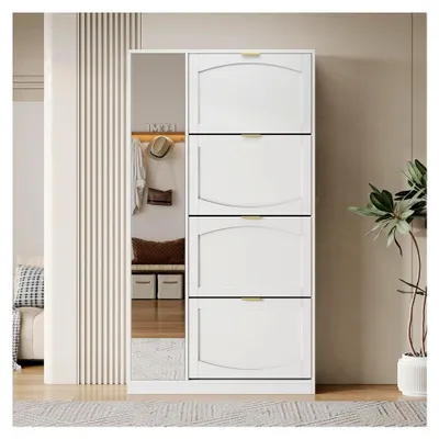 Produktbild von Schuhschrank mit Spiegel, 4 klappbaren Aufbewahrungsfächern, verstellbarem Regalbrett hinter dem rechten Spiegel, für den Flur (Stil 9, weiß, 80x24x147cm)