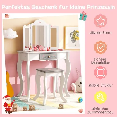 Produktbild von 2 in 1 Kinder Schminktisch + Hocker mit Klappbarem Spiegel & Schublade & Zubehörteilen