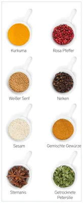 Produktbild von Wallario Premium Glasbild, freischwebende Optik, kräftige Farben, Größe 80 x 32 cm Motiv Welt der Gewürze - Übersicht über verschiedenen Gewürze I