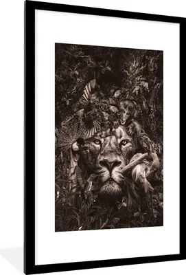 Produktbild von MuchoWow® Gerahmtes Poster Tiere - Flamingo - Löwe 60x90 cm - Poster mit Schwarzem Bilderrahmen Wandposter Rahmen Foto Bilder - Dekoration - Wandposter Wohnzimmer - Hochwertig