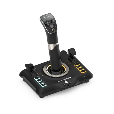 A black flightstick controller for PC and Xbox consoles, shown from a slightly elevated diagonal angle against a white background.