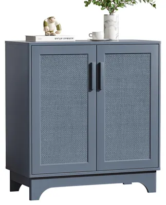 Dressoir aus Rotan, 80x40x89 cm, verstellbare Böden, Kippschutz, blaugrau