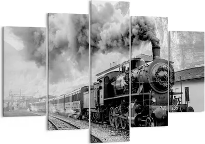 Produktbild von Bild auf Leinwand - Leinwandbild - 5 Teile - Zug Schwarzweiß Rauch - 150x100cm - Wand Bild - Wanddeko - Wandbilder - Leinwanddruck - Bilder - Wanddekoration - Leinwand bilder - EA150x100-4315