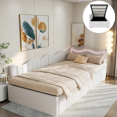 Produktbild von INONEFT Polsterbett, Schlafsofa Daybett 90x200cm mit Lattenrost, Tagesbett Kinderbett mit LED-Beleuchtung und hydraulischem Stauraum, Teddystoff, Weiß