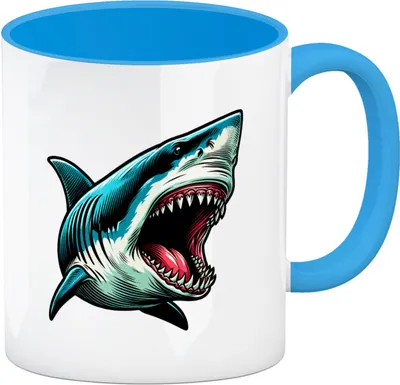 Produktbild von Weißer Hai Comic Kaffeebecher in hellblau