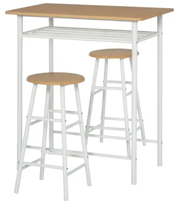 Produktbild von Bartisch Set Bartisch mit 2 Barhockern Essgruppe Küchentisch mit Lagerregal Esstisch für Esszimmer, Küche, Weiß