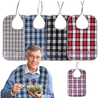 Productafbeelding van Lapjes voor volwassenen (set van 4) – Waterdicht en wasbaar – Eetlap voor senioren, geruit in 4 kleuren – Beschermende kledinglap