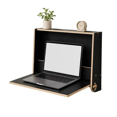 Image de leg&go Bureau mural rabattable en bois, Secrétaire mural avec rangement, Bureau gain de place pour télétravail, 52x42x10 cm, Noir
