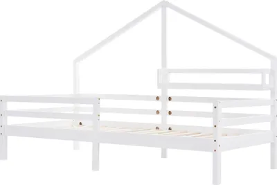Produktbild von Kinderbett mit Lattenrost und Rausfallschutz, 90x200 cm, Hausbett, Einzelbett, Jugendbett, Kiefer