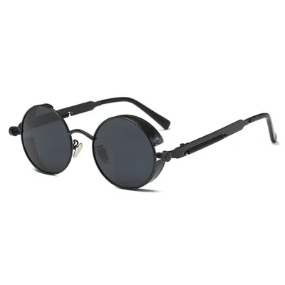 Produktbild von Männer Frauen Retro Vintage Brille Steampunk Runde Metall UV400 Brillen Sonnenbrille-Schwarz + Schwarz