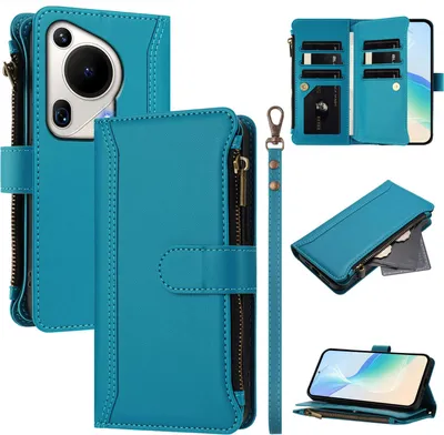 Produktbild von Handyhülle für Huawei Pura 70 Ultra Reißverschluss Geldbörse Kunstleder Klapphülle mit Kartensteckplatz, Ständer, Handschlaufe Blau