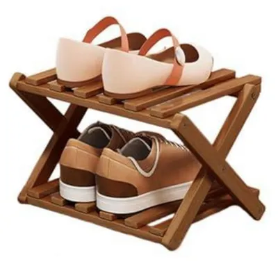 Image de Étagère à chaussures en bois, pliable, en bambou, avec 2 étagères, couleur marron, 28 cm