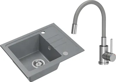 Produktbild von VBChome Spülbecken Granit Grau mit Armatur 55 x 44 cm Einzelbecken Einbauspüle Gesprenkelt Reversibel Granitspüle Siphon Waschbecken Armatur Grau