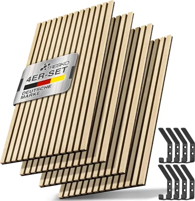 Four wooden acoustic panels are shown leaning against each other, with a metal badge attached to the front panel. Several black metal hooks are arranged in two rows to the right of the panels.