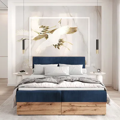 Produktbild von Boxspringbett TILIA Doppelbett mit Bonellmatratze Bett mit Topper und Bettkasten Cord Stoff Polsterbett mit Kopfteil Modern Schlaffzimmer Wotan Plattet (200x200 Dunkelblau)