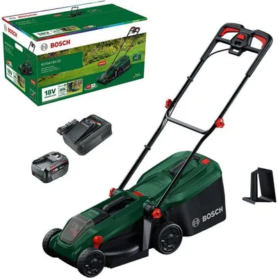 Produktbild von Akku-Rasenmäher Bosch Rotak 18V-32, Schnittbreite: 32 cm, 35 L Fangkorb, Mulchfunktion, inklusive Akku und Ladegerät