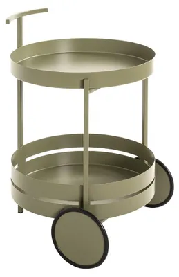 Runder Servierwagen, lackiertes Metall, rietgrün, 2 Böden, H 62 × Ø 42 cm