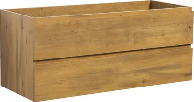 A product shot of a wooden bathroom vanity with two drawers.