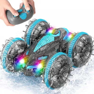 Image de Véhicule amphibie télécommandé – Voiture de stunt RC 2,4 GHz avec 4 roues motrices, rotation à 360° et éclairage LED – Véhicule amphibie étanche pour piscine, eau et tout-terrain – Batterie 1200 mAh, jusqu'à 90 minutes d'autonomie – Pour les enfants à partir de 6 ans