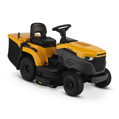 A yellow and black riding lawn mower is shown from a three-quarter front angle against a white background.