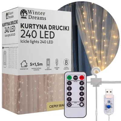 Produktbild von Lichtervorhang 240 warmweiße LEDs, 5 × 1,5 m, Fernbedienung, 8 Modi, USB
