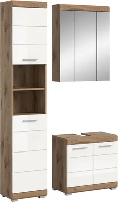 Produktbild von Badezimmer-Set Wave | weiß Hochglanz / Nox Oak | 3-teilig | ohne Aufsatzleuchte