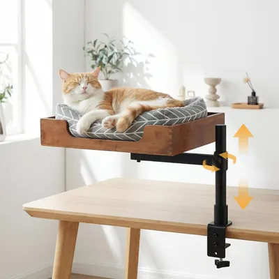 Productafbeelding van Kattenmand met bureau 42,5 x 32,5 x 8 cm, bamboe en pluche, verstelbaar, 15 kg, voor huisdier